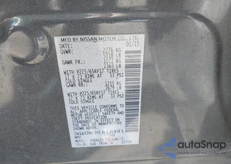 2015 Nissan Rogue Sv из США, поврежденный, VIN 5N1AT2ML2FC816481